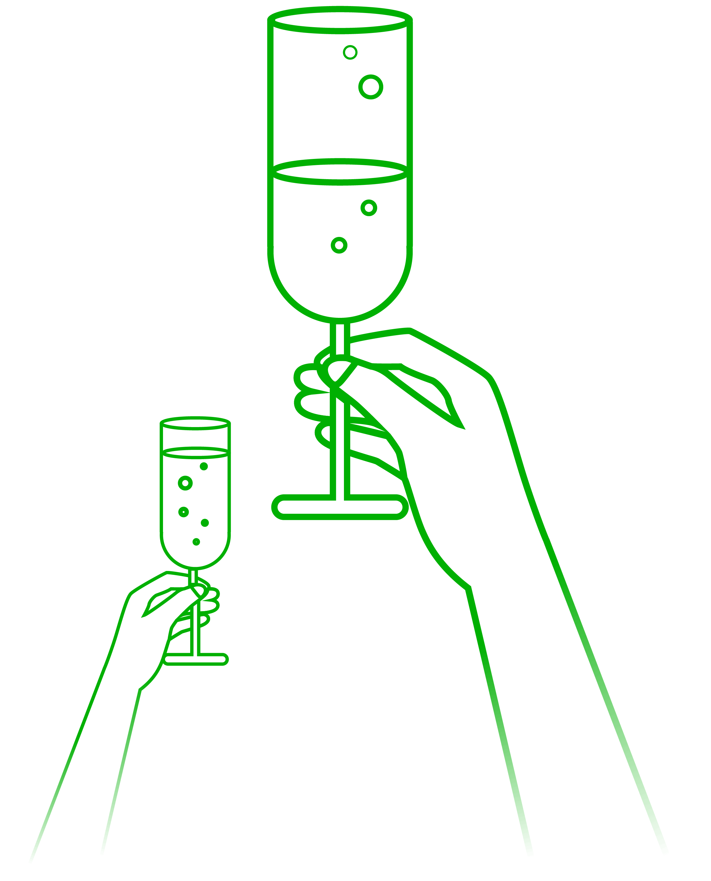 Green line drawing of two hands clinking champagne glasses
